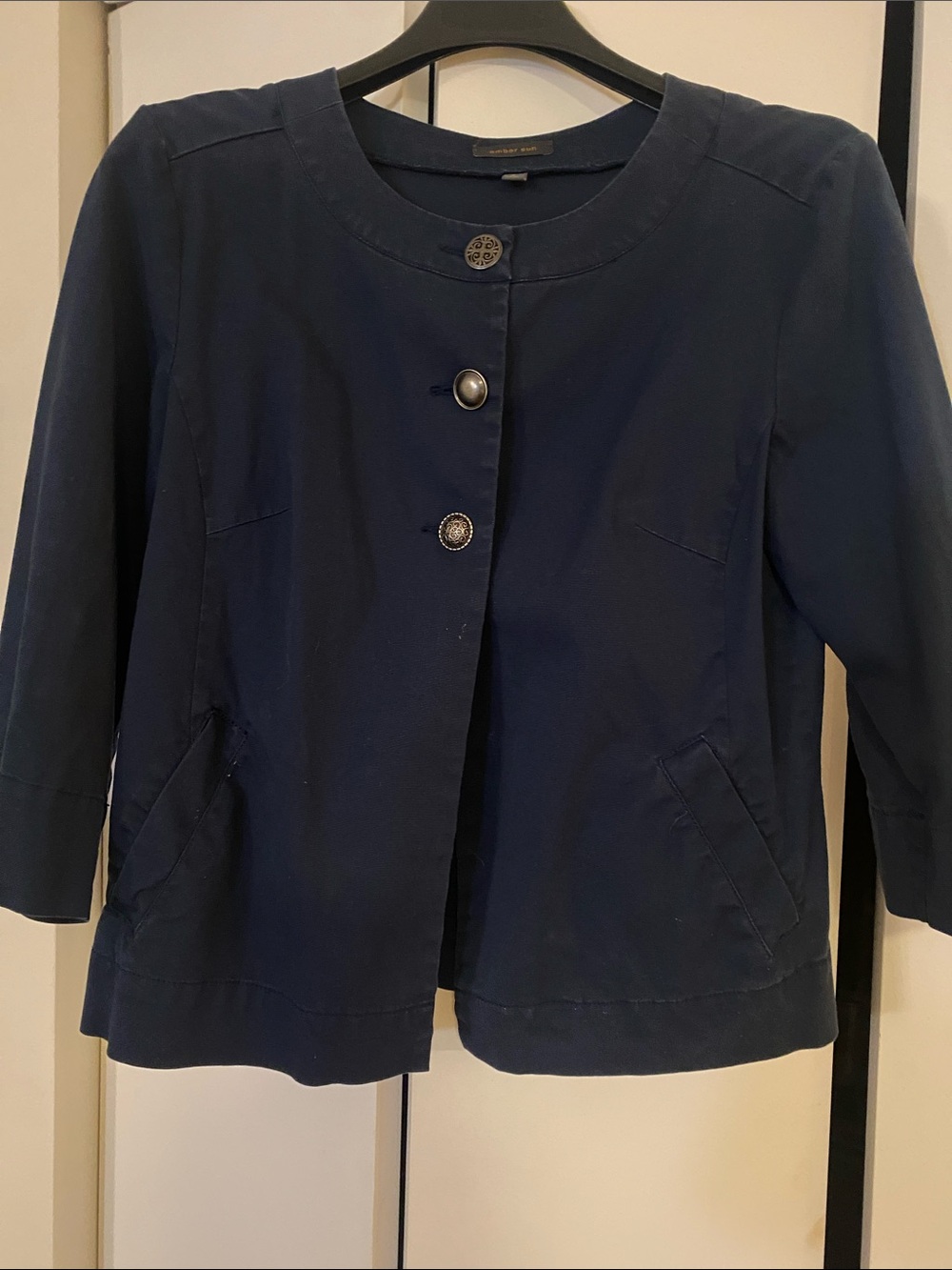 Women’s Vintage Navy Round-Neck Swing Jacket with Silver Buttons and Pockets S